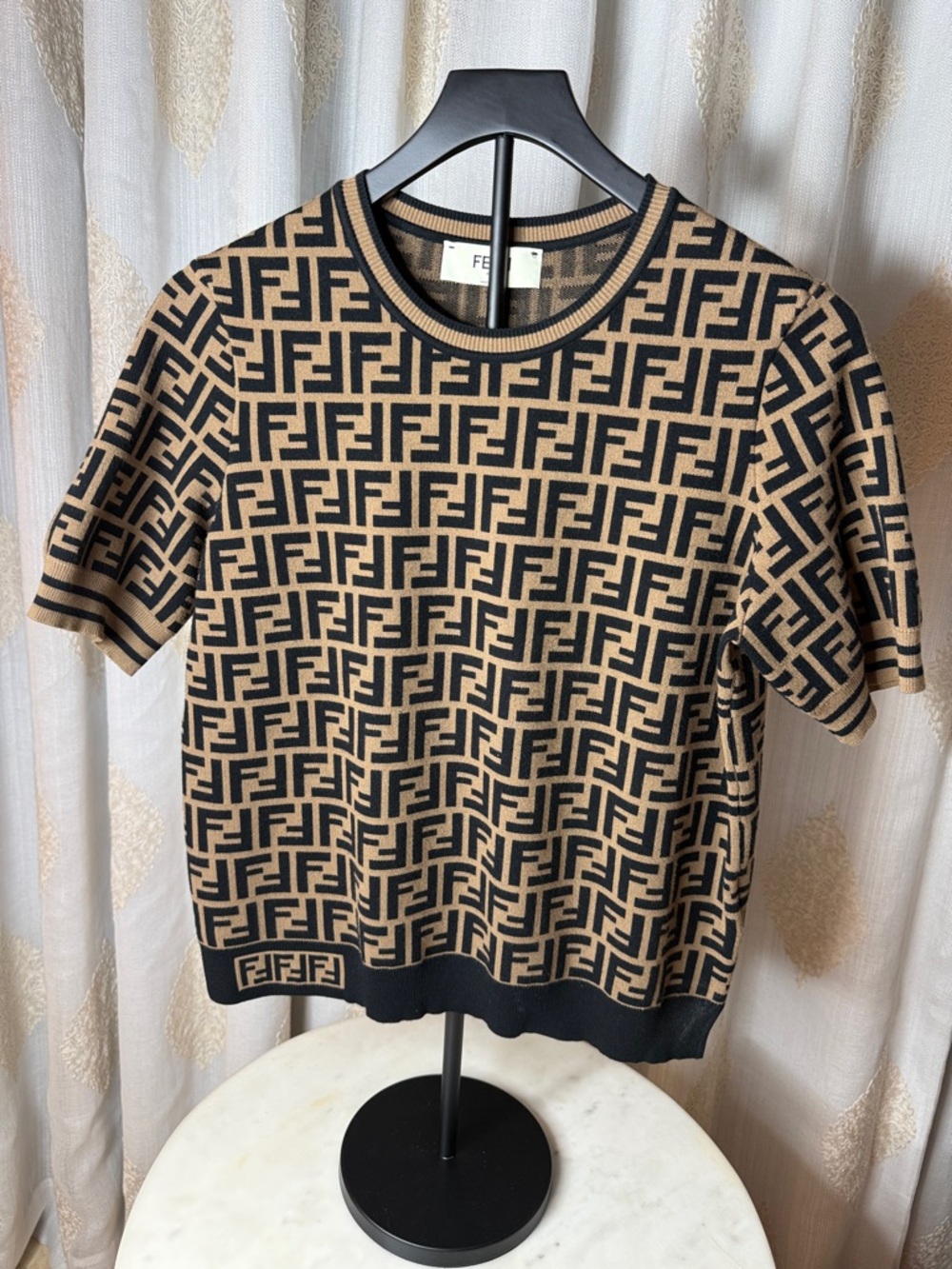 Fendi Black & Brown FF Logo Crewneck Short-Sleeve Sweater